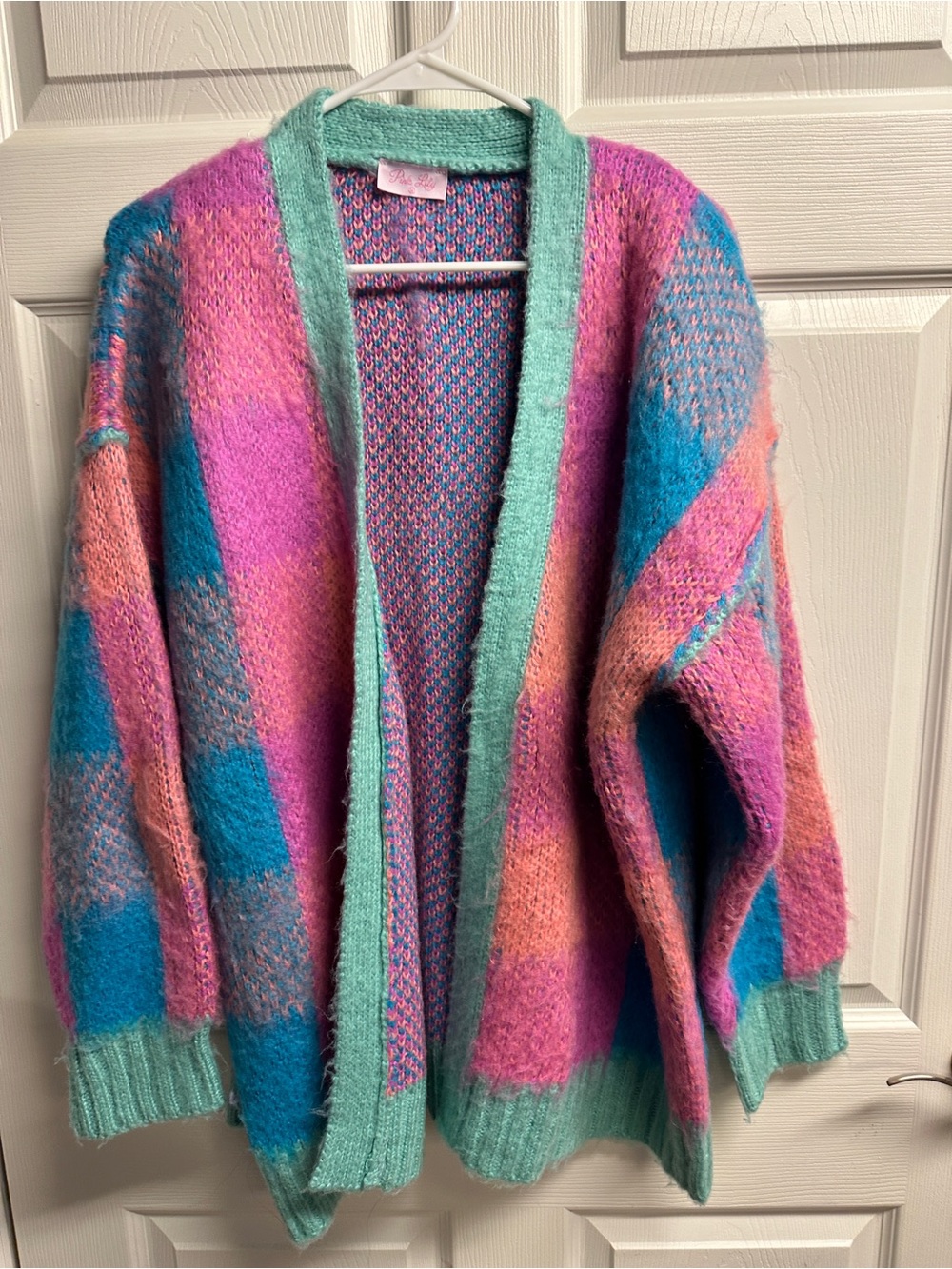 Pink Lily Mint, Pink & Teal Pastel Plaid Open-Front Cardigan